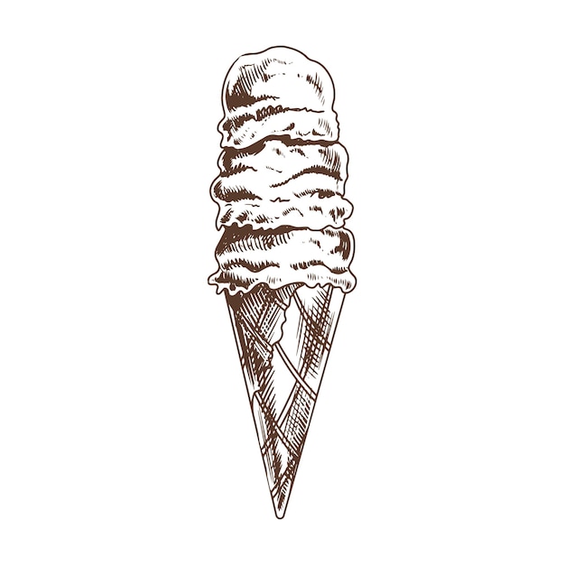 Uno schizzo disegnato a mano di un cono di waffle con yogurt congelato o gelato morbido