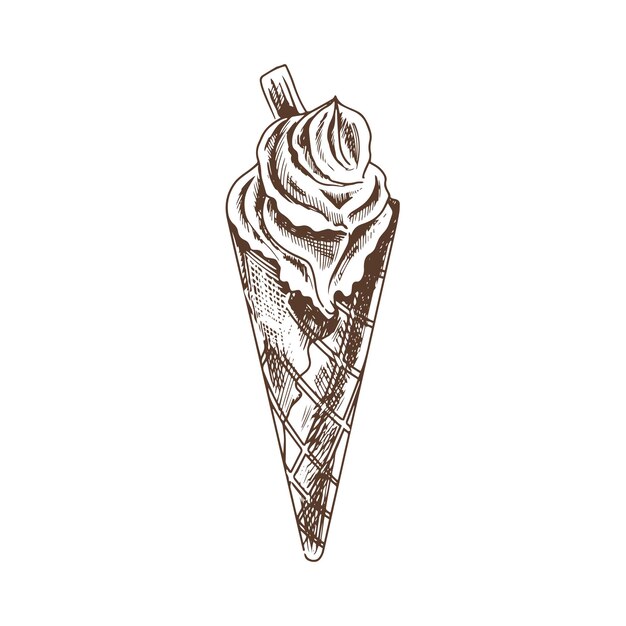 A hand drawn sketch of a waffle cone with frozen yogurt or soft ice cream