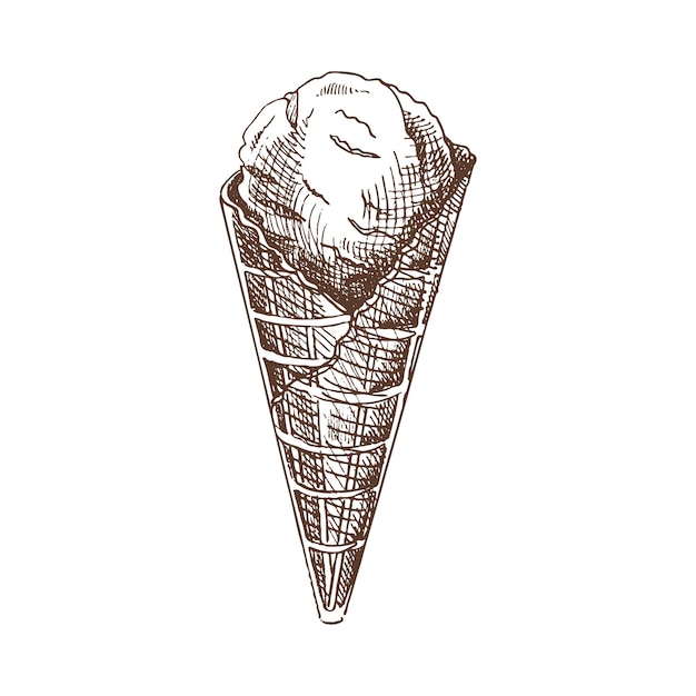 Schizzo disegnato a mano di un cono di waffle con gelato, illustrazione vintage elemento per etichette