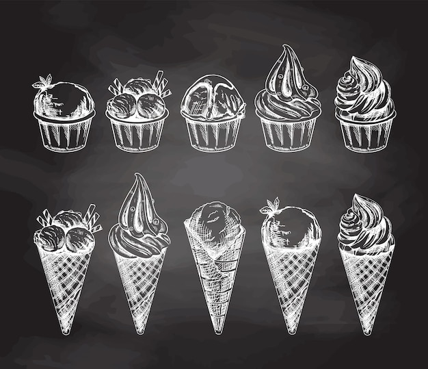 A hand-drawn sketch of a waffle cones and ice cream balls, frozen yoghurt or cupcakes in cups isolated on chalkboard background. Vintage illustration. Set. Element for the design of labels, packaging