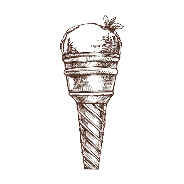 Vector a hand drawn sketch of a waffle cup with frozen yogurt or ice cream with mint leaves