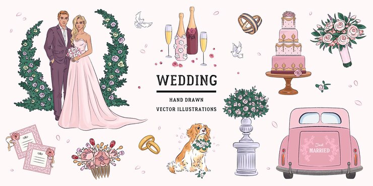 Vector hand drawn sketch wedding set illustration