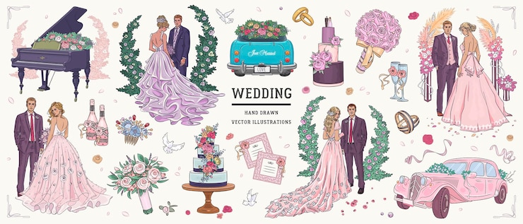 Vector hand drawn sketch wedding set illustration