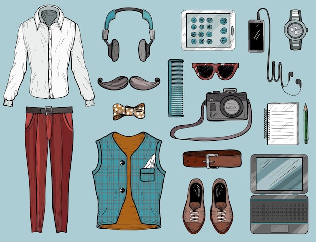 Vector hand drawn sketch with hipster man accessories