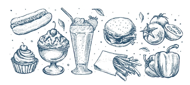 Vector hand drawn sketch with milkshake burger and french fries