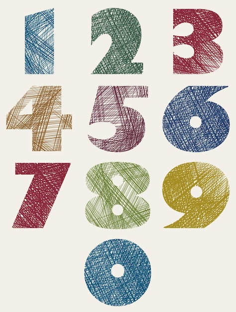 Hand drawn and sketched color bold numbers set vector sketch style