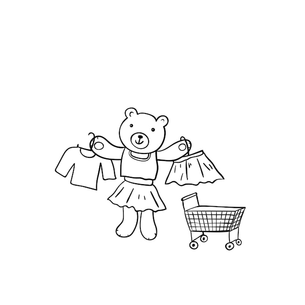 Ручной обращается набросал иллюстрации мультяшного медведя забавное животное ходит по магазинам элемент плаката карты раскраски