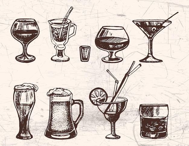 Вектор Ручные эскизы различных напитков