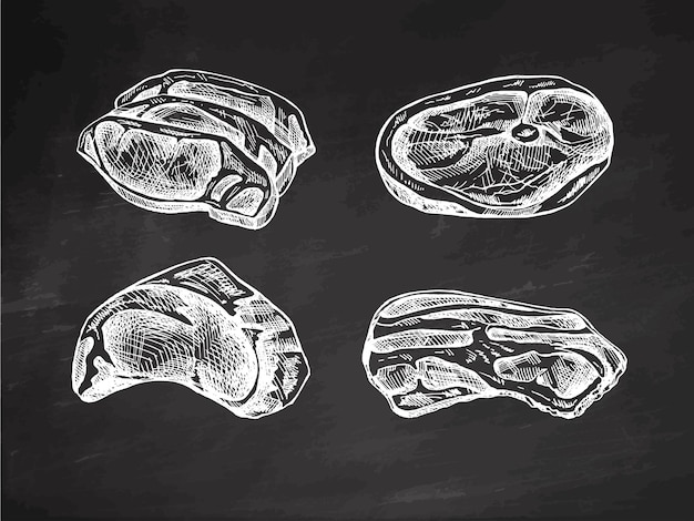 Vector hand drawn sketches of pieces of meat or beef steak chop meat bacon piece of meat cuts on chalkboard