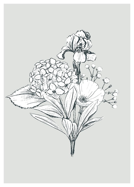 Hand drawn sketching style beautiful poster with floral bouquet on light grey background