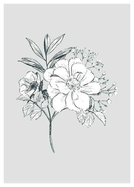 Hand drawn sketching style beautiful poster with floral bouquet on light grey background