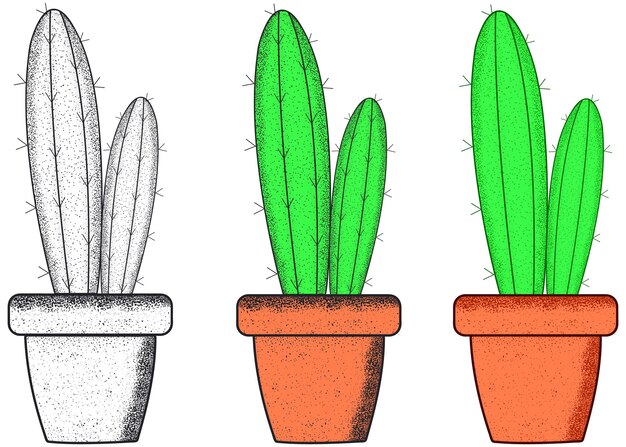 Hand drawn sketchy green cactus in flowerpots