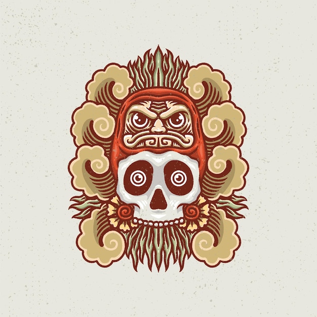 Disegnato a mano di teschio e daruma con stile tatuaggio old school.