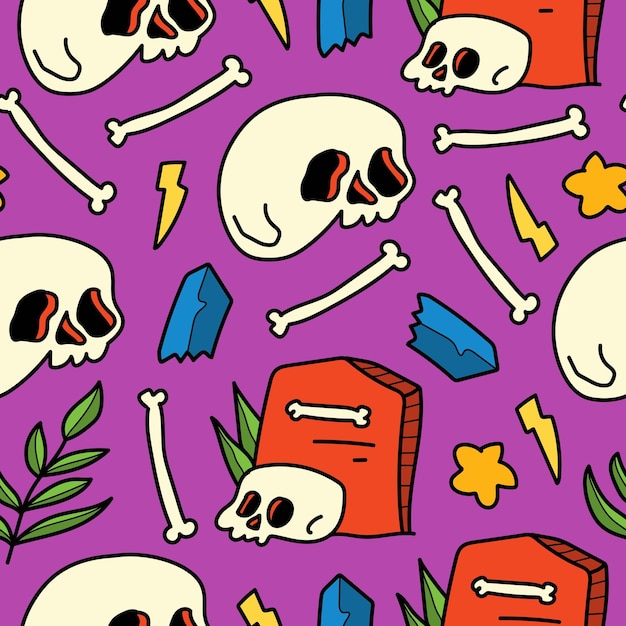 Hand drawn skull doodle cartoon pattern design