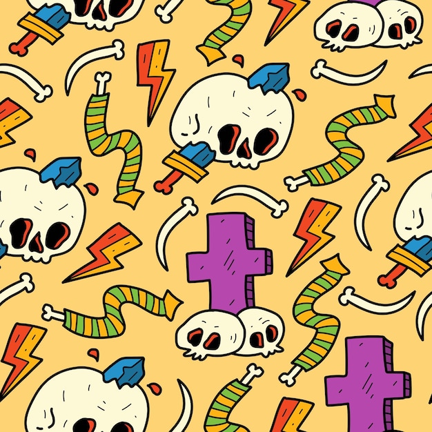 Hand drawn skull doodle cartoon pattern design