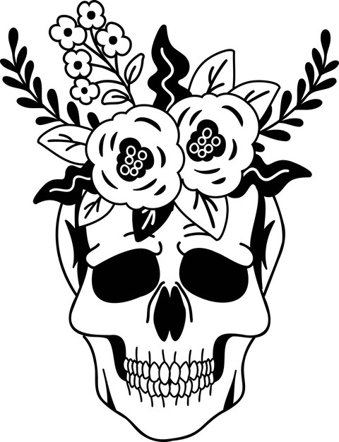 Hand Drawn skull and flowers illustration