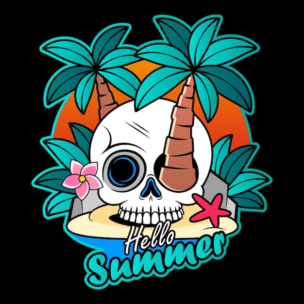 Vector hand drawn skull head with palm tree