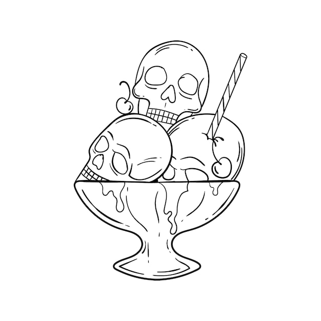 Vettore illustrazione disegnata a mano di doodle del gelato del cranio per gli adesivi del tatuaggio ecc