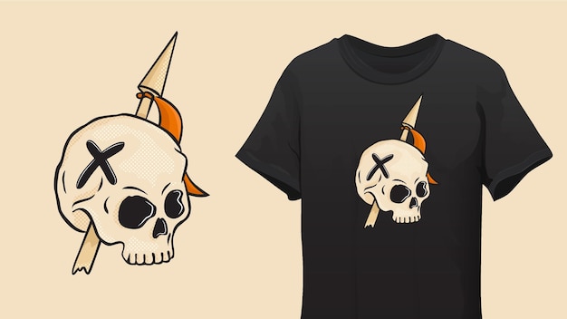 手描きの頭蓋骨イラストTシャツのデザインとベクトルのモックアップ