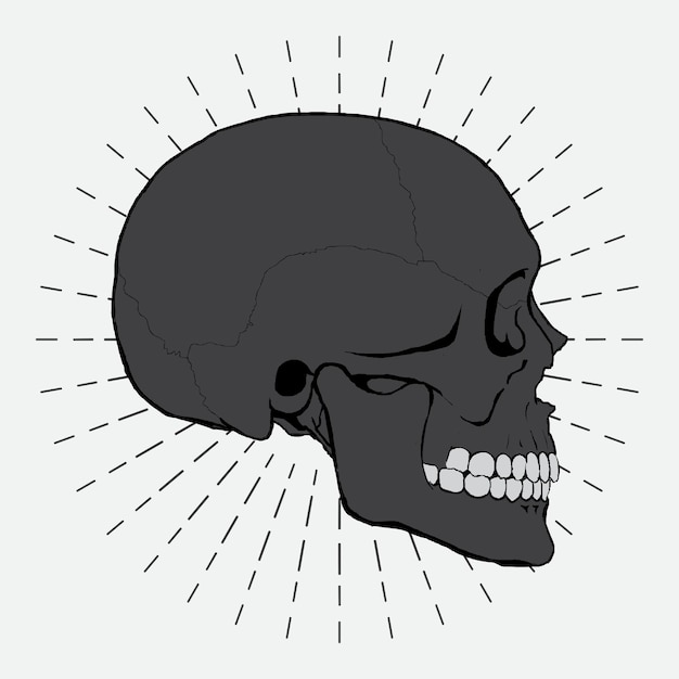 Ручная иллюстрация черепа векторного дизайна на фоне солнечных вспышек