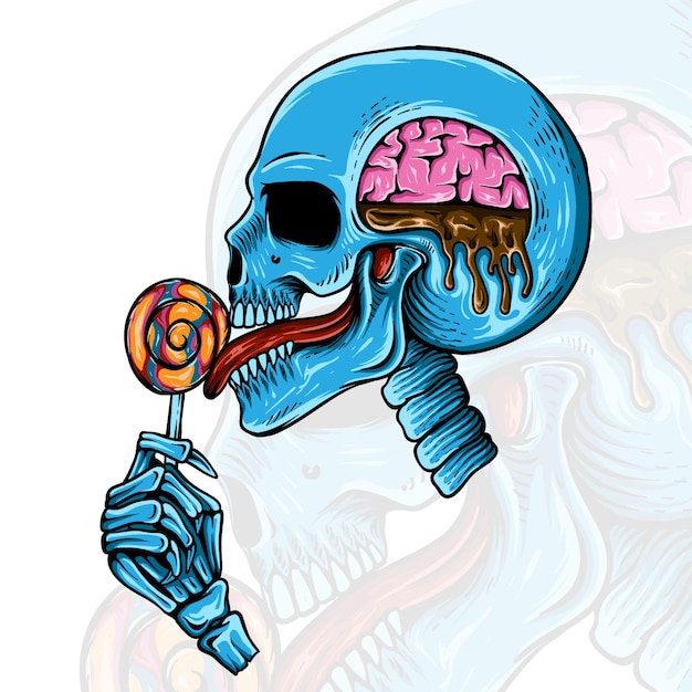 Vector hand drawn skull licking candy illustration