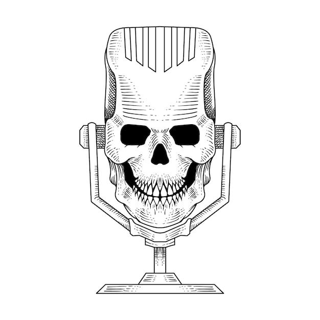 Hand drawn skull microphone podcast illustration engraving style