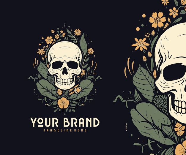 Vector hand drawn skull overgrown with flower plants