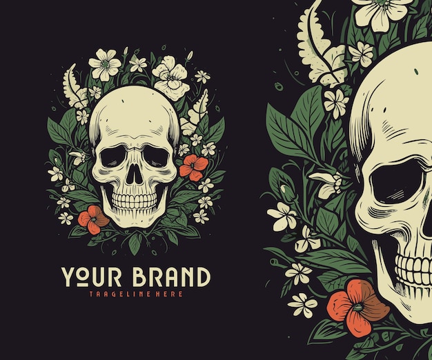 Hand drawn skull overgrown with flower plants