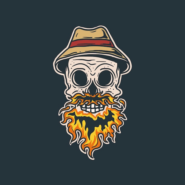 Hand drawn skull with fire beard and hat illustration