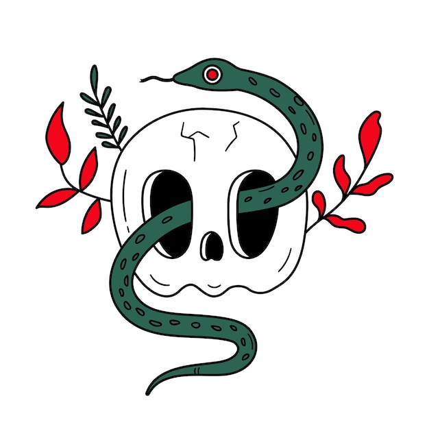 손으로 그린 두개골과 뱀 Trippy 고딕 요소 카드 포스터 초대 문신 디자인