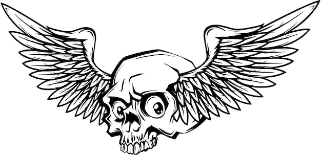 翼付きの手描きの頭蓋骨 ベクトルイラスト タトゥースケッチエンブレム