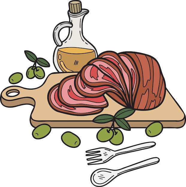 Hand Drawn sliced ham on a wooden chopping board illustration in doodle style