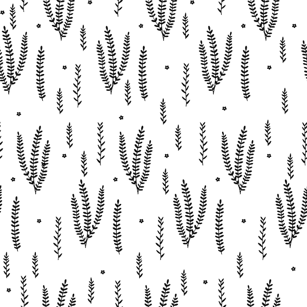Hand drawn small leaves vector seamless pattern Tiny vector black branches twigs with leaves