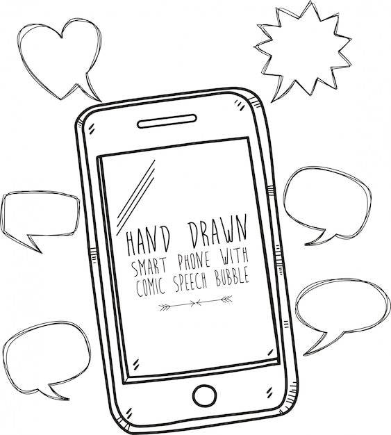 Vector hand drawn smart phone  with comic speech bubble