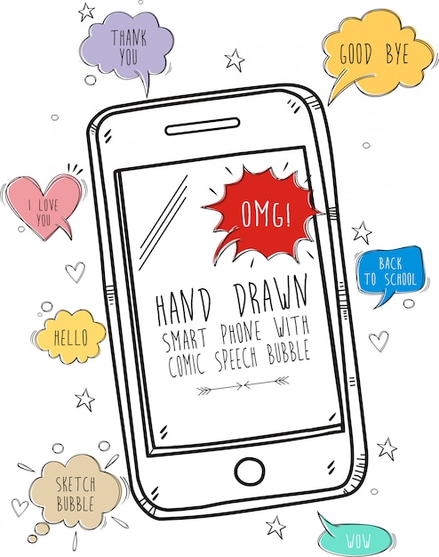 Vector hand drawn smart phone  with comic speech bubble