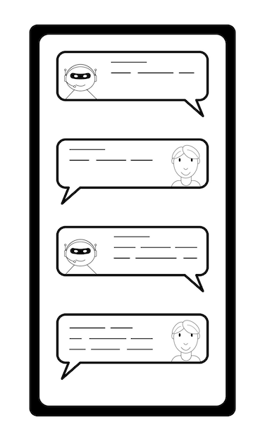 Вектор Нарисованный вручную смартфон с диалогом между человеком и чат-ботом в стиле doodle vector