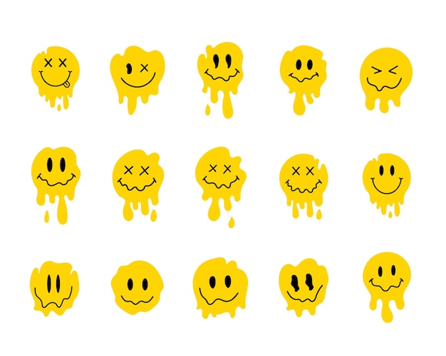 Ручной обращается смайлик набор рисунков каракули смешное плавящееся улыбающееся лицо счастливый смайлик улыбающийся персонаж