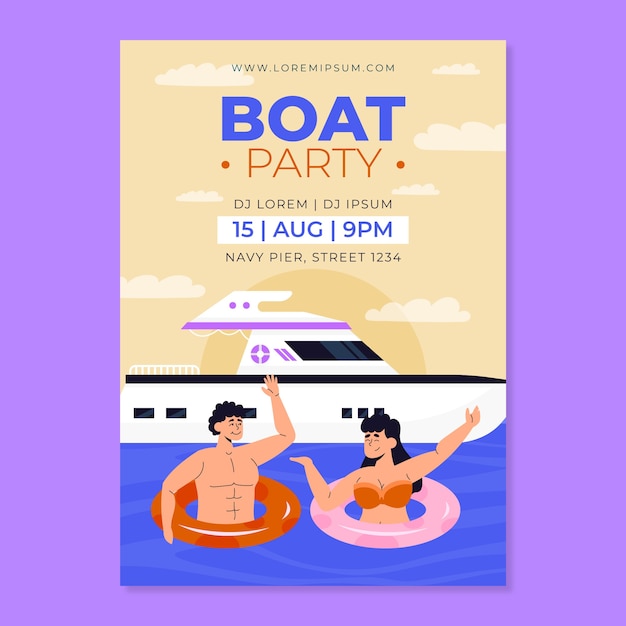 Vector hand drawn smiley people boat party poster