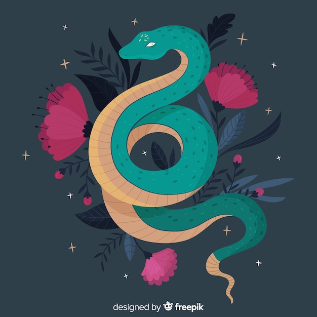 Vector hand drawn snake with flowers background