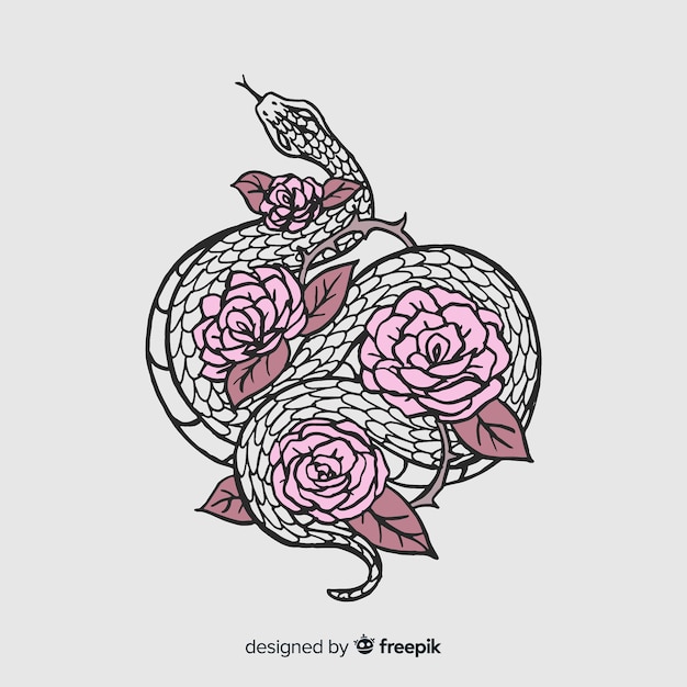Vector hand drawn snake with flowers illustration