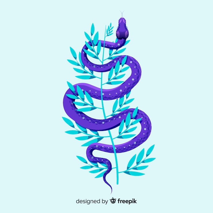 Vector hand drawn snake with leaves background