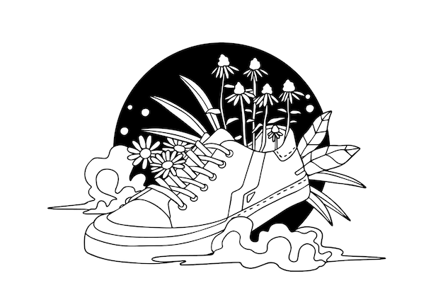 Vettore sneaker disegnata a mano con illustrazione di fiori