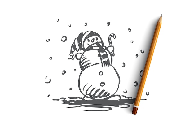 Vector hand drawn snowman with hat and scarf concept sketch