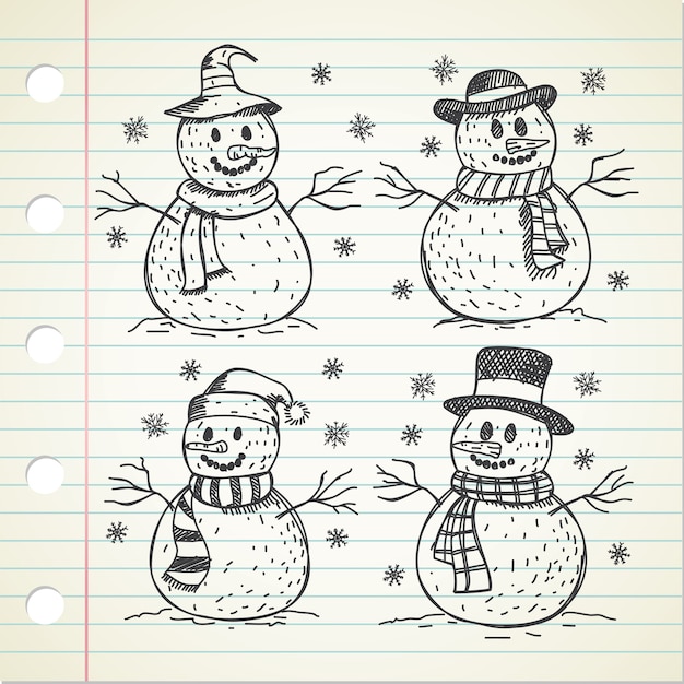 Hand drawn snowmans doodle set