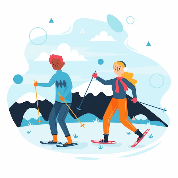 Hand drawn snowshoeing illustration