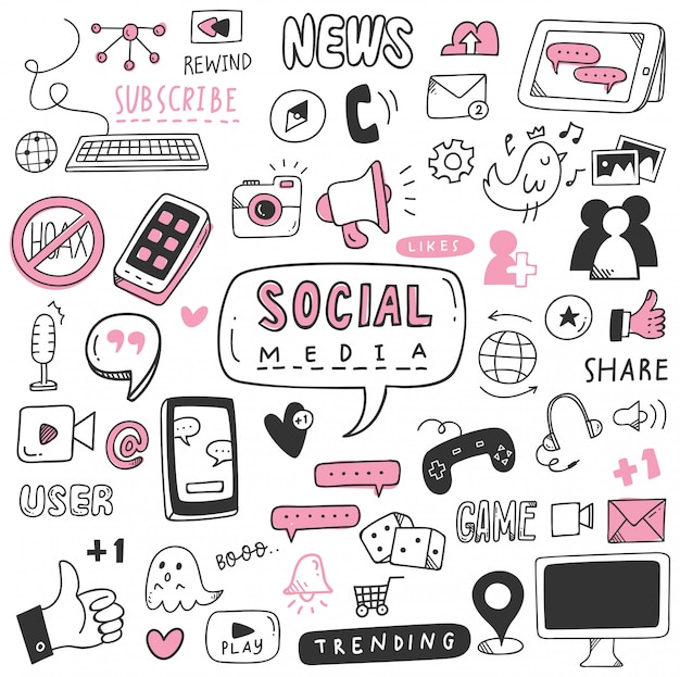 Insieme di doodle di media sociali disegnati a mano