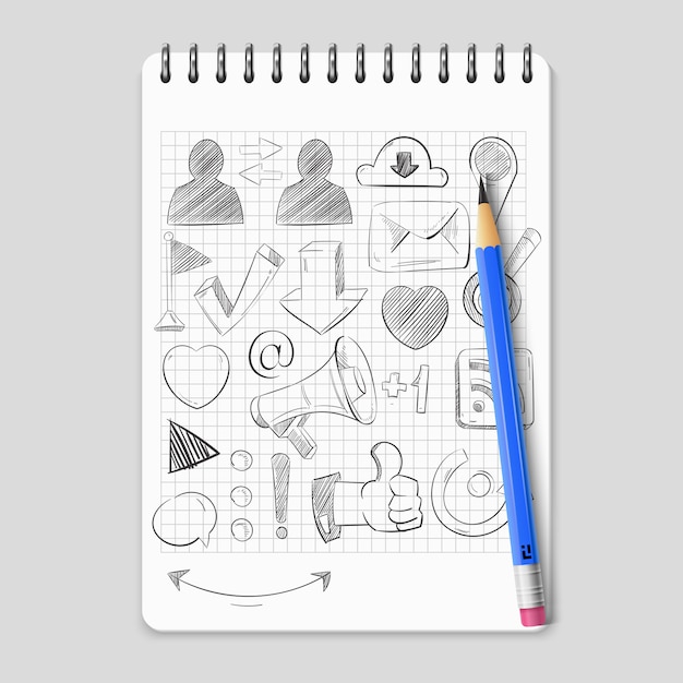 Vector hand drawn social media network icons on realistic notebook