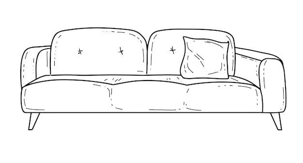 Hand-drawn soft sofa with pillows on four legs in doodle style. An element of the interior.