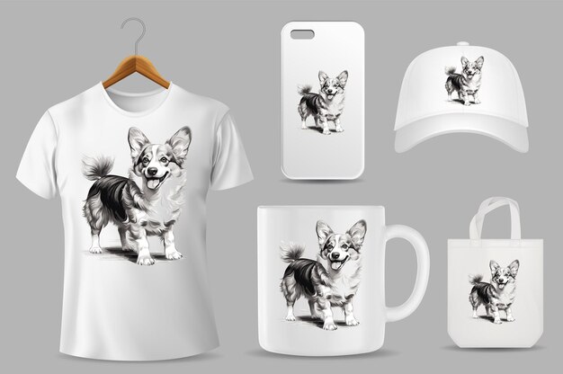 Hand drawn solid color corgi dog illustration on different product templates
