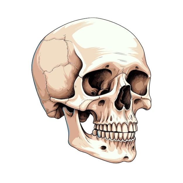 Hand Drawn Solid Color Human Skull Illustration